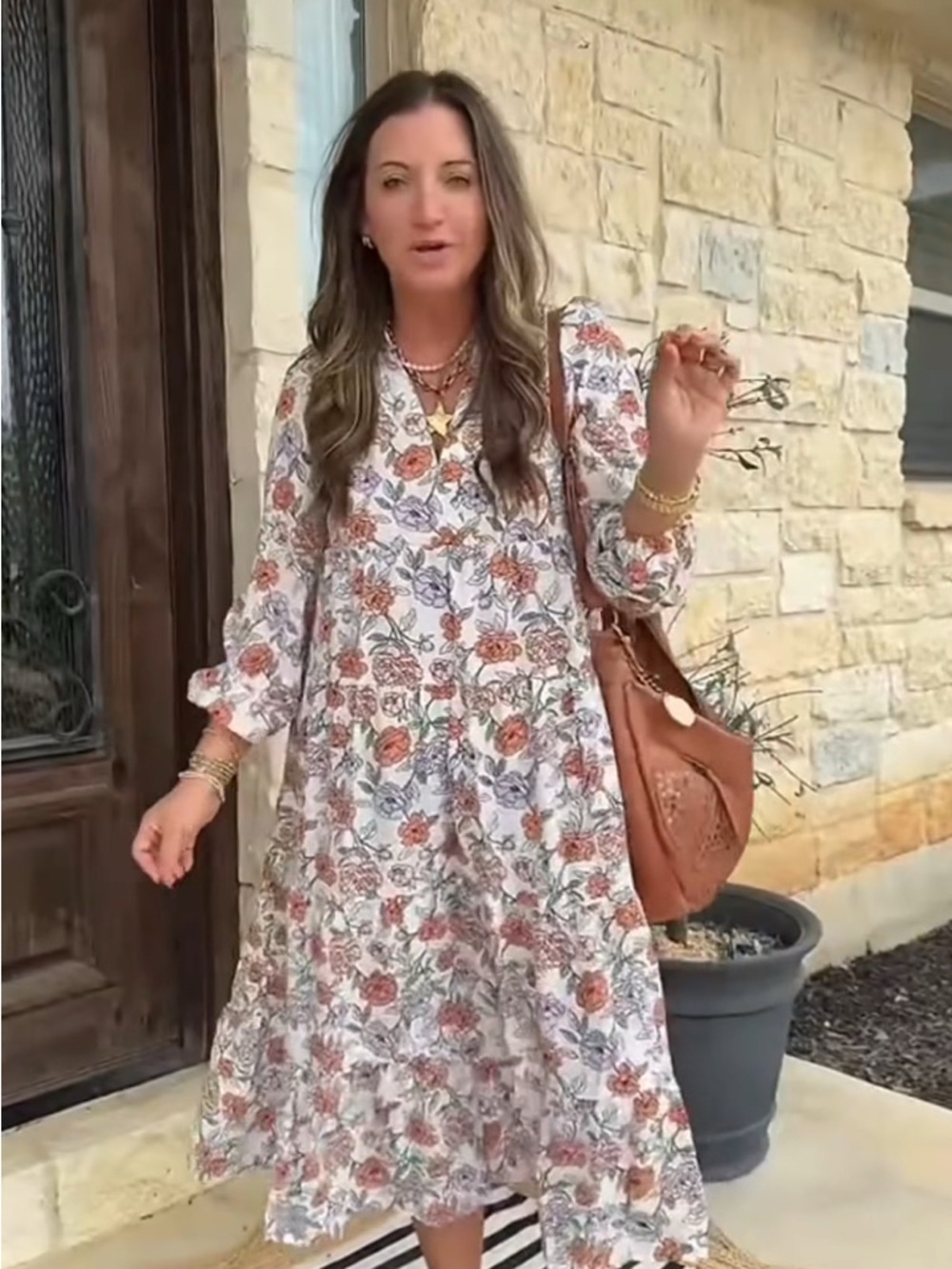 Floral Tiered Midi Dress in White and Rust